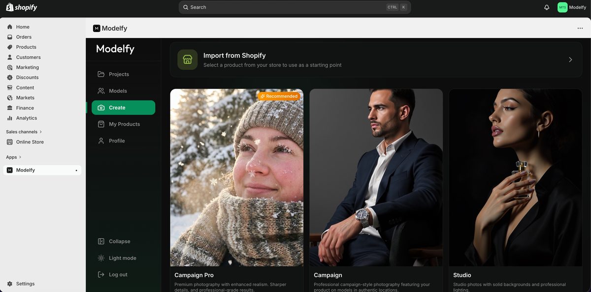The Modelfy app inside the Shopify admin, with an Import from Shopify option and Campaign Pro, Campaign and Studio modes